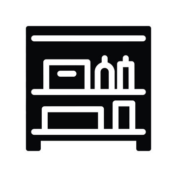 Minimalist glyph black and white illustration of a storage shelf with various items including bottles and boxes