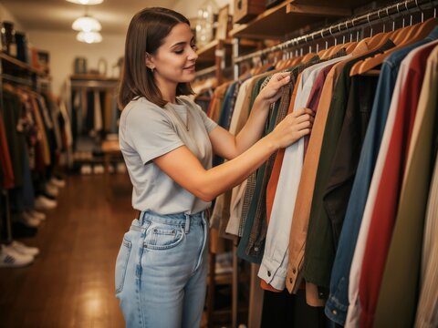 woman browsing thrift store rack, sustainable fashion