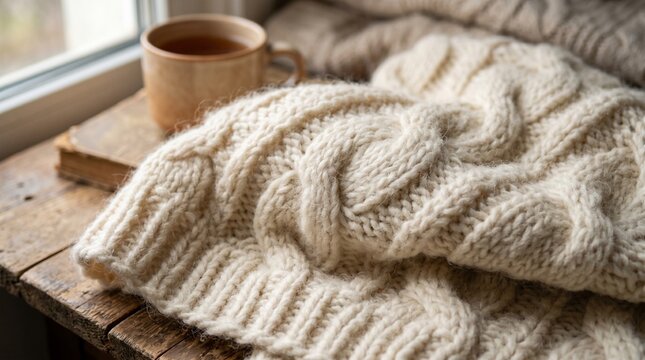 Close-up of a thick white cable knit sweater texture, cozy and warm wool material