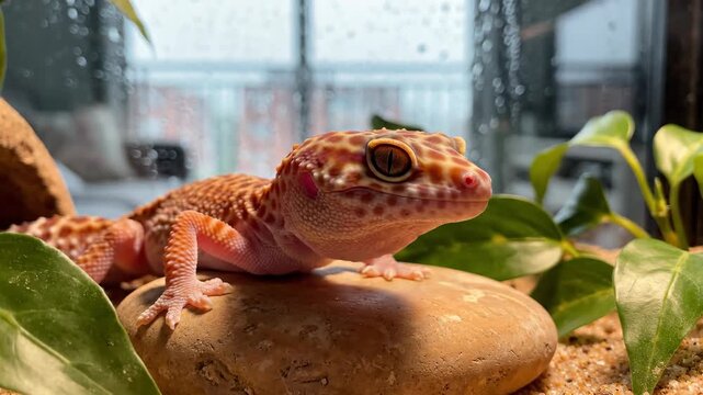 Leopard Gecko Resting on a Rock in a Terrarium With Rainy Window View