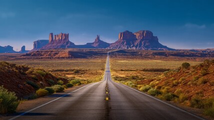 Fototapeta premium Endless road to monument valley at sunset. AI generated