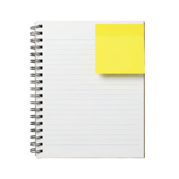 Spiral bound notebook with lined paper and a yellow sticky note on white background