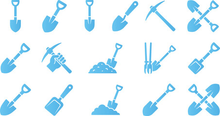 Collection of blue flat icons representing shovels pickaxes and gardening tools on white background. © PolashMONI