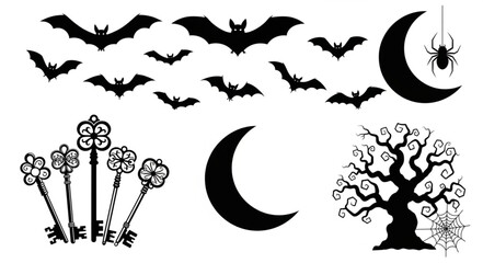 Naklejka premium Halloween Symbols Collection Bats Moon Keys Spooky Tree Spider.