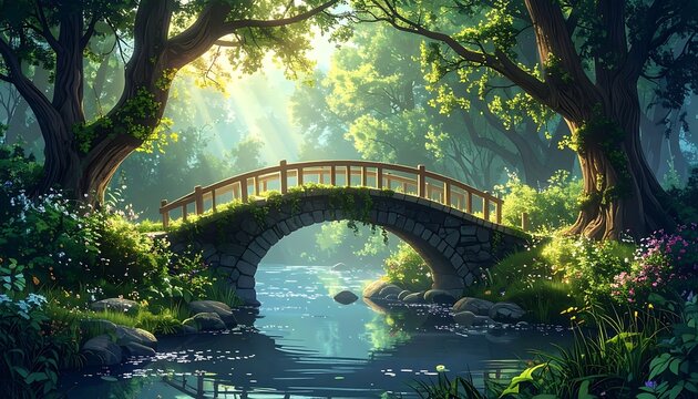 Sunlit arch bridge over calm stream, framed by lush green trees in a dense forest setting