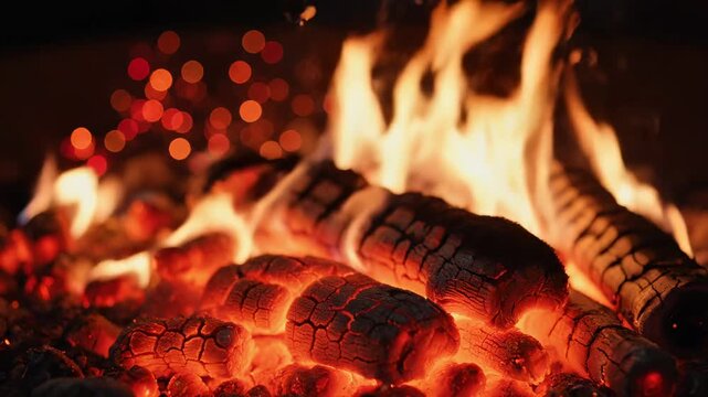 Close up of burning logs in a cozy outdoor campfire with warm glowing embers at night.