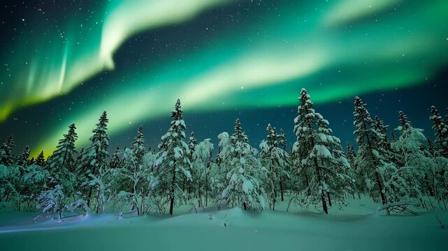 Magical winter night with vibrant colorful lights dancing across the dark sky