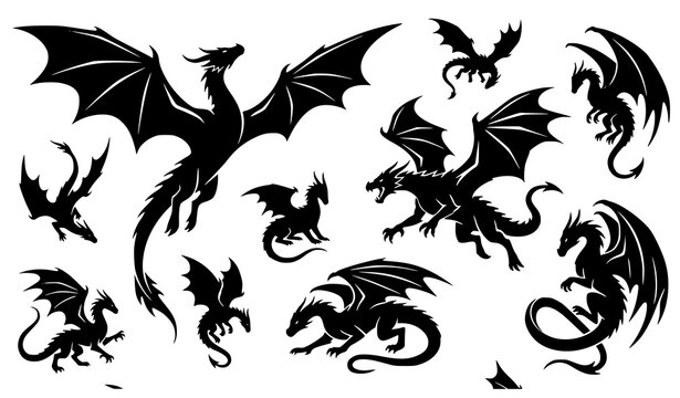 Dynamic black dragon silhouette collection with mythical fantasy creature poses isolated on white background