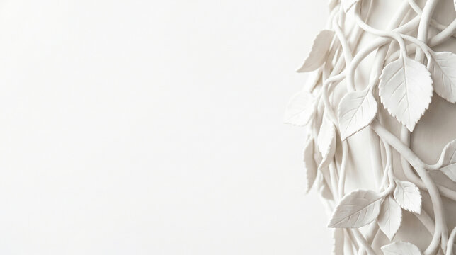 Minimalist matte white porcelain vines and ceramic leaves clustered on the far right edge of a clean white studio background with negative white copy space on the left