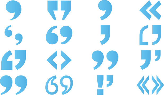 Set of blue quotation mark icons, punctuation symbols, vector illustration on white.