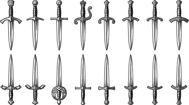 Medieval sword illustration collection with fantasy blades ancient weapons and historical combat engraving style designs set