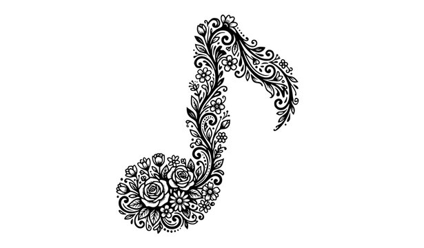 Stylish musical note floral ornament vector in black and white decorative botanical design isolated on white