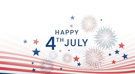 Fototapeta premium Happy 4th of July greeting with red white and blue fireworks and stars on a striped background, patriotic holiday celebration graphic design, American Independence Day illustration
