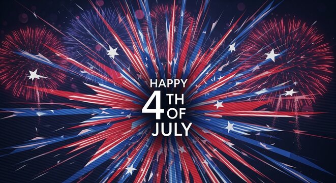 Exploding fireworks in red, white, and blue with stars and text Happy 4th of July against a dark background, patriotic celebration concept, vibrant abstract explosion pattern