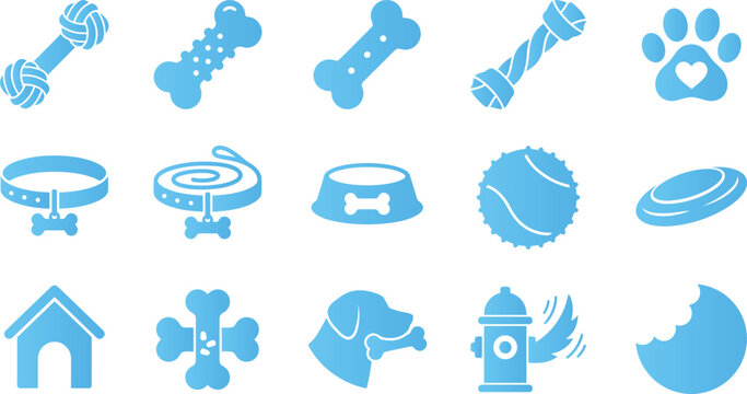 Set of blue dog icons including bones collar toys house and fire hydrant.
