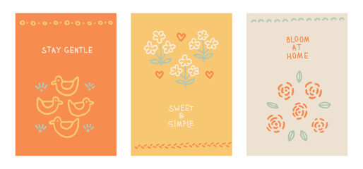Naklejka premium Cottagecore postcard set with hand drawn ducks and florals, minimalist warm color greeting cards featuring Stay Gentle, Sweet, Simple and Bloom At Home lettering for cozy slow living messages. Vector