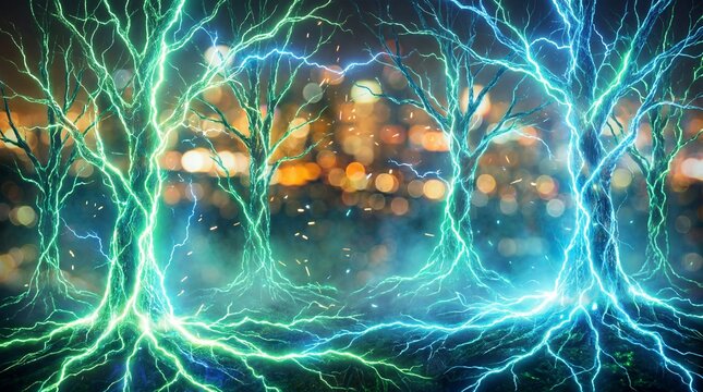 A surreal forest made of glowing electrographic energy, trees formed from branching lightning veins, luminous roots spreading across the ground