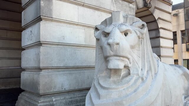 Close-up of a stone lion statue outside Nottingham Council House in Old Market Square, Nottingham city centre, England. An iconic landmark and symbol of the city.