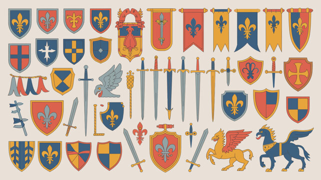 Heraldic collection of medieval shields banners swords and mythical creatures in a flat illustration style