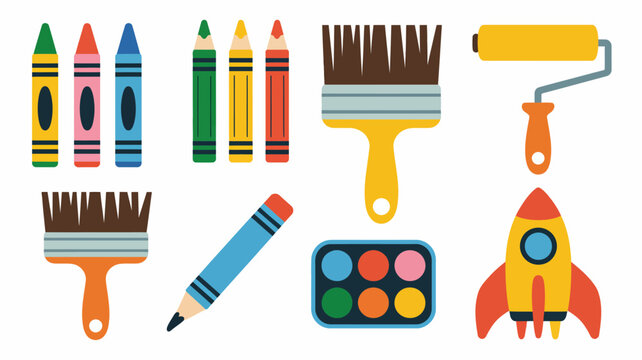 Colorful art supplies collection including crayons paintbrushes a pencil and a rocket ship illustration high quality