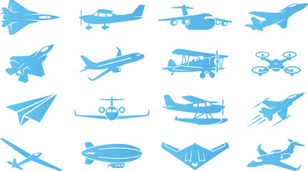 Collection of blue airplane and aircraft icons vector illustration on white background. © PolashMONI