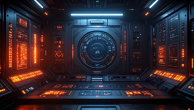 Futuristic control room interior technology.