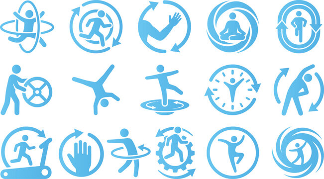Collection of blue fitness and movement icons on white background active lifestyle symbols.