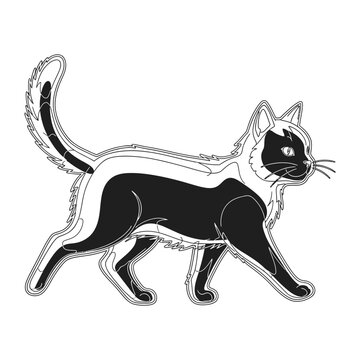 Stylized Black and White Walking Cat Illustration &mdash; Modern Line Art Pet Silhouette for Coloring Pages, Stickers, and Graphic Design
