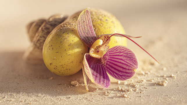 Intersex representation in portrait art is beautifully expressed with close up of vibrant orchid flower and seashell on sandy beach surface, evoking calm and natural beauty