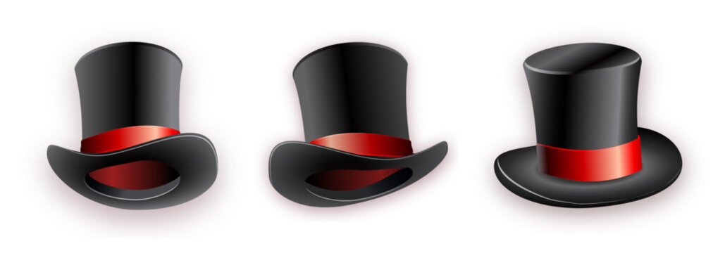 Black cylinder hat with red ribbon. Magic hat.