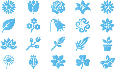 Naklejka premium Various blue flower and leaf icons for nature and garden themes.
