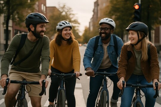 Four friends ride bicycles together and laugh on a city street.