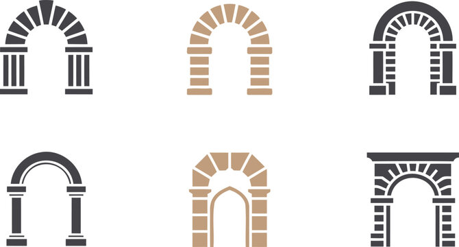 Set of various architectural archways and columns in gray and beige colors  different styles and designs