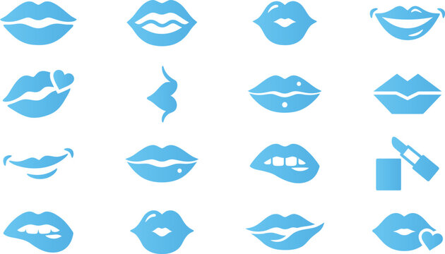 Collection of blue lip and mouth icons for beauty and expression.