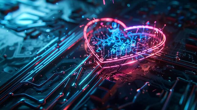 Cyberpunk Neon Digital Heart on Circuit Board (AI Generated)