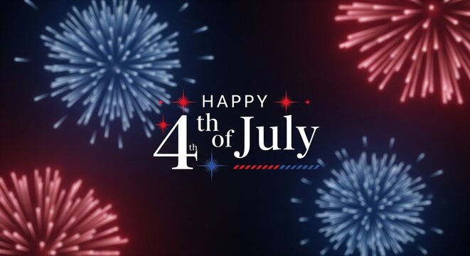 Happy 4th of July text with red and blue fireworks exploding in the night sky, patriotic celebration graphic, festive holiday background with stars and stripes elements, Independence Day concept