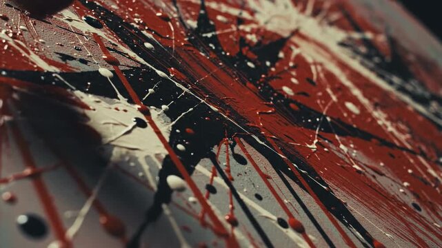 Abstract expressionist painting featuring dynamic red black and white paint splatters on canvas texture.