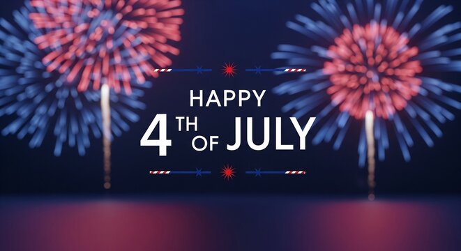 Happy 4th of July text with red and blue fireworks exploding in the dark night sky with reflections on the water below, patriotic celebration concept, festive holiday background