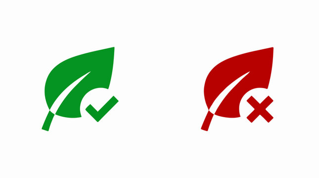 Green leaf with check mark symbol for approved natural product, red leaf with cross mark for rejected organic item.