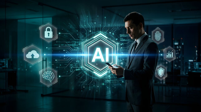 Embracing the AI Era: A poised individual, absorbed in their digital device, stands at the nexus of technology and innovation.