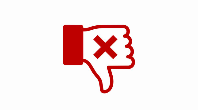 Red thumbs down hand gesture with red cross mark symbol, negative review or rejection concept.
