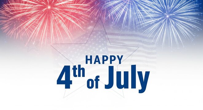 Happy 4th of July text with red and blue fireworks exploding in the sky over a faint American flag and star graphic, celebrating Independence Day with patriotic colors and festive atmosphere.