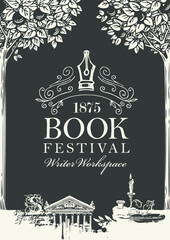 Naklejka premium Vector banner or background on writers or book festival theme in vintage style. Writer's workplace with drawings and space for text. Artistic illustration with candle, inkwell, quill, architecture, ap
