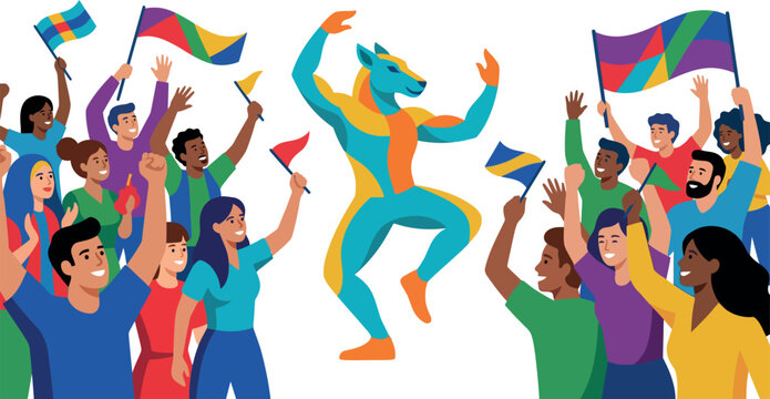 Diverse people celebrating with flags and a kangaroo mascot waving arms in joy