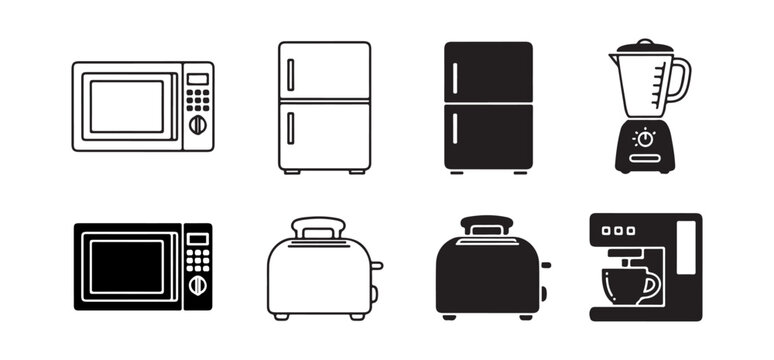 Collection of kitchen appliance icons including microwaves refrigerators toasters blenders and coffee makers