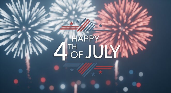 Happy 4th of July text with red white and blue fireworks exploding in a dark night sky with bokeh lights and patriotic graphic elements celebrating Independence Day