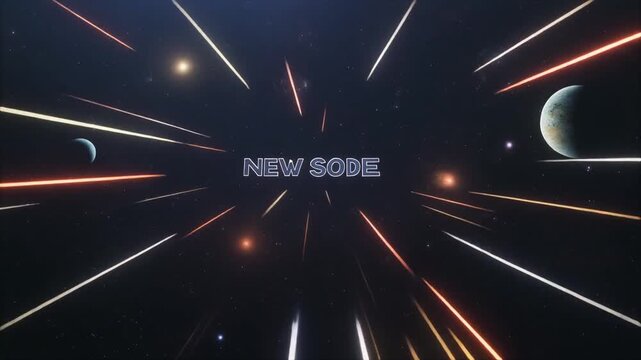 Retro space warp speed animation with NEW SODE text, vintage sci-fi light trails in deep cosmos, cinematic hyperspace travel through stars and planets