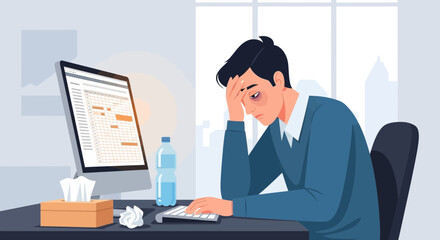 Naklejka premium Burnout and Exhaustion: A Depiction of a Stressed Professional at Work