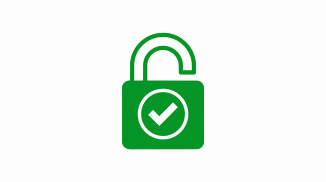 Green padlock unlocked with checkmark symbol inside circle, indicating access granted and security unlocked, representing safety and permission granted.