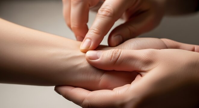 A close-up shot of a person's hand checking another person's pulse on the wrist, indicating a medical examination or health assessment.